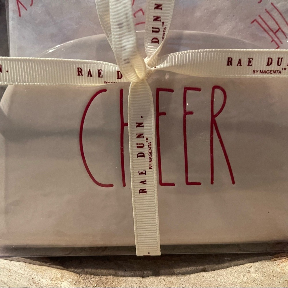 Rae Dunn Cheer Napkin Holder - Cream and Red Includes Deck the Hall Napkins